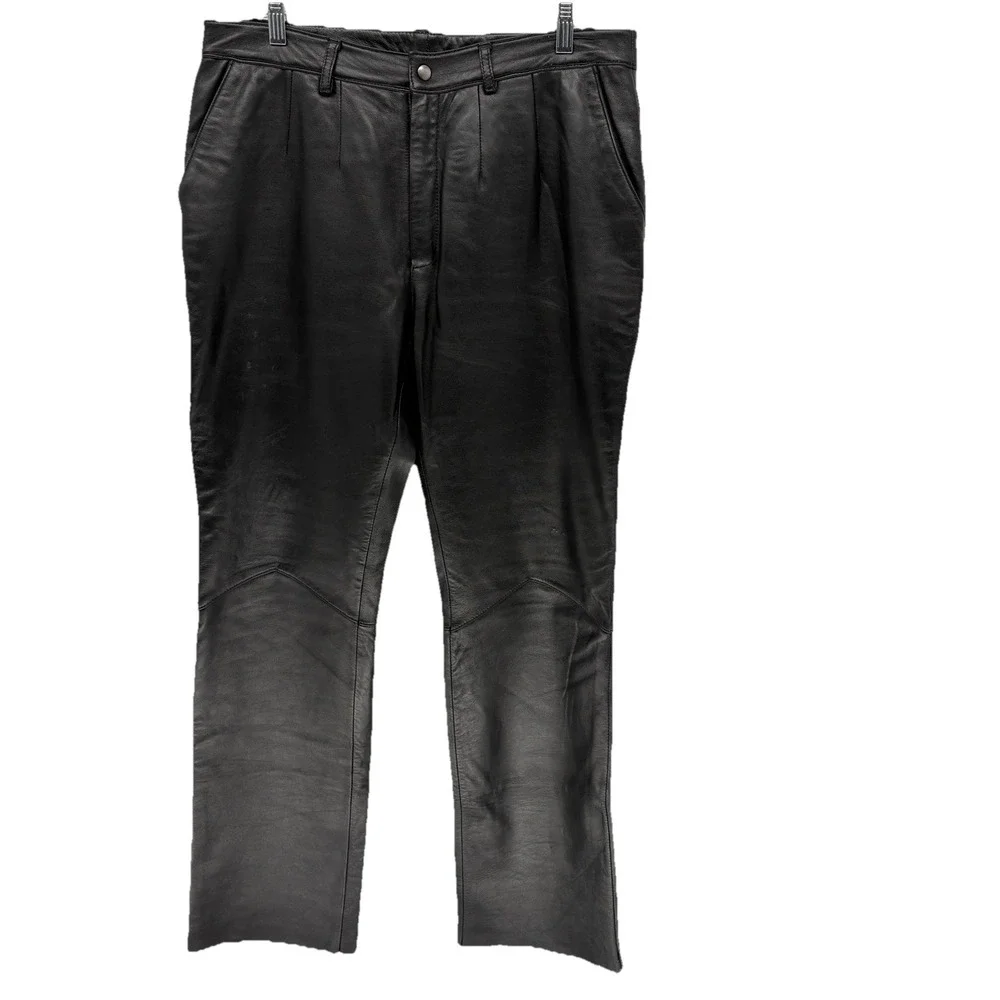 Vintage Excelled Black Genuine Leather Straight Fit Pants Grunge Biker Men 34X31